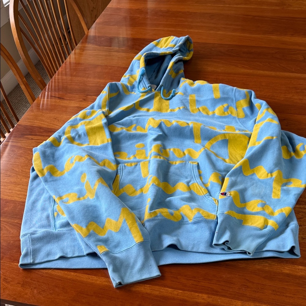 Champion Blue and Yellow Script Logo Hoodie